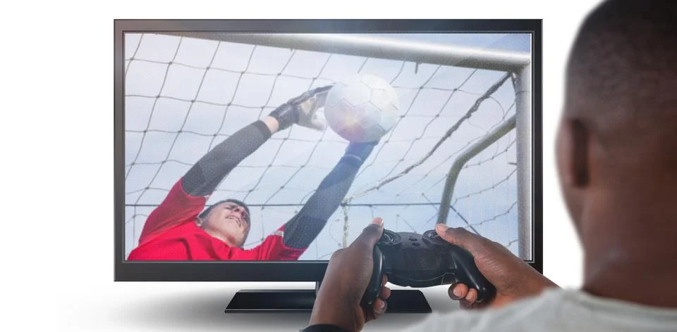 Composite image of man playing video game against white background Stock Photos