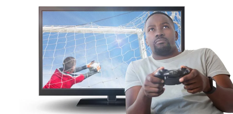 Composite image of man playing video game against white background Stock Photos