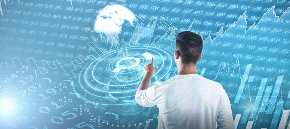 Composite image of man pretending to touch an invisible screen against white Stock Photos