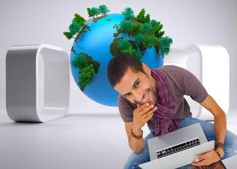 Composite image of man sitting on floor using laptop and smiling at camera Stock Illustration