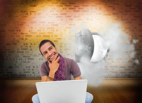 Composite image of man sitting on floor using laptop and smiling Stock Illustration