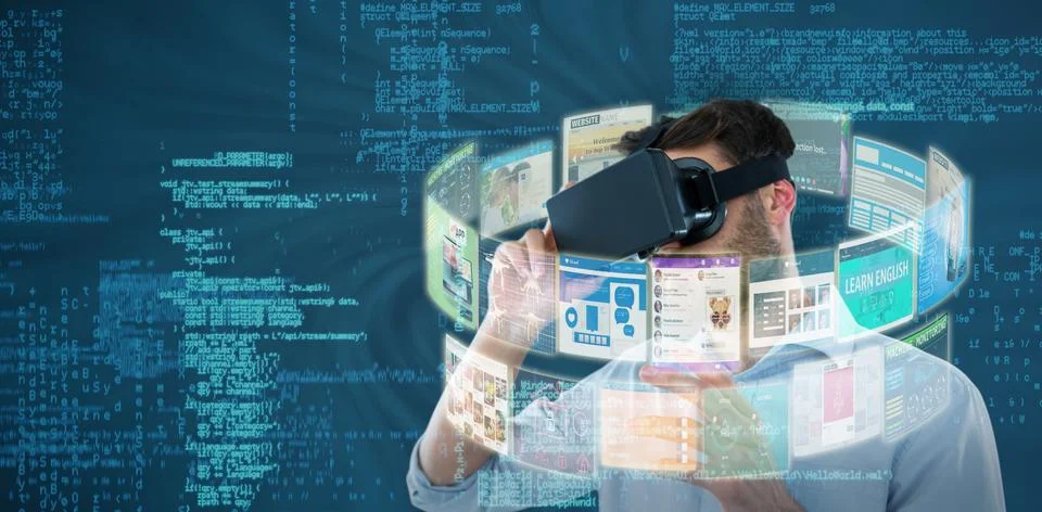 Composite image of man using black virtual reality headset 3d Stock Photos