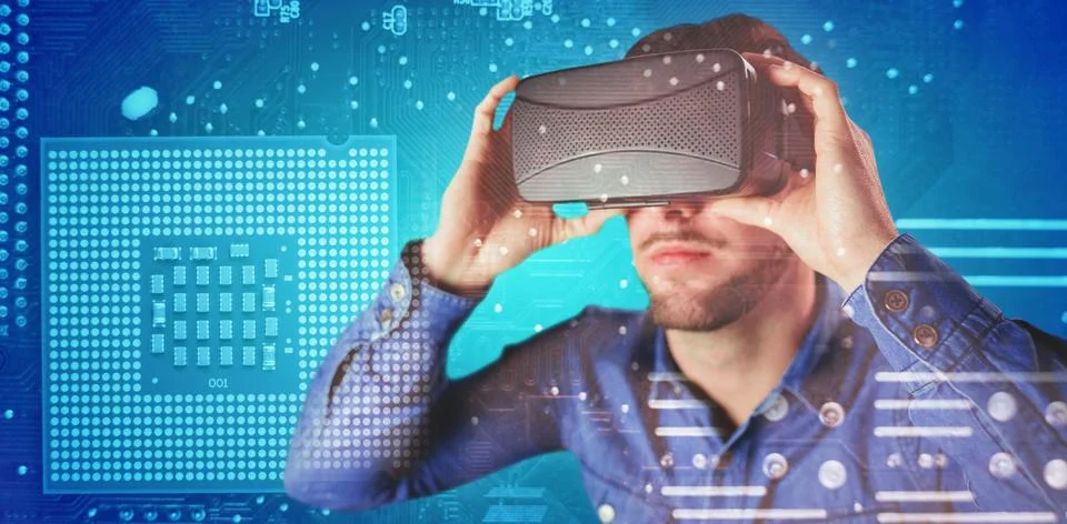 Composite image of man using an oculus Stock Photos