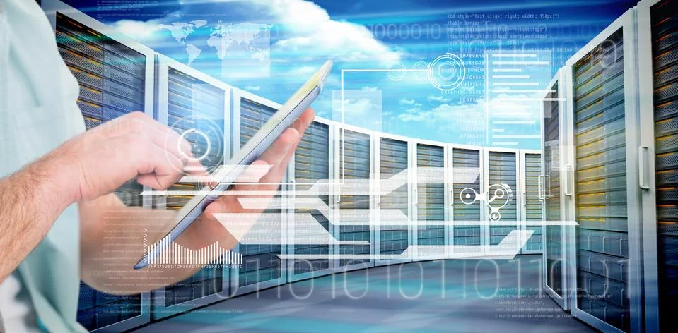 Composite image of man using tablet pc Illustrazione stock