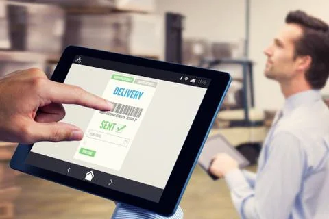 Composite image of man using tablet pc 스톡 사진