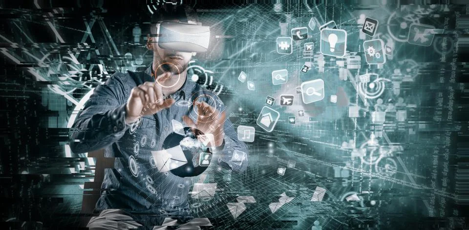 Composite image of man using virtual reality headset 스톡 사진