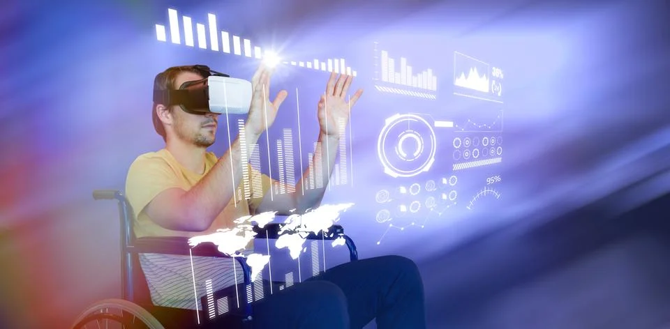 Composite image of man using virtual reality glasses while sitting on wheelchair Stock Photos