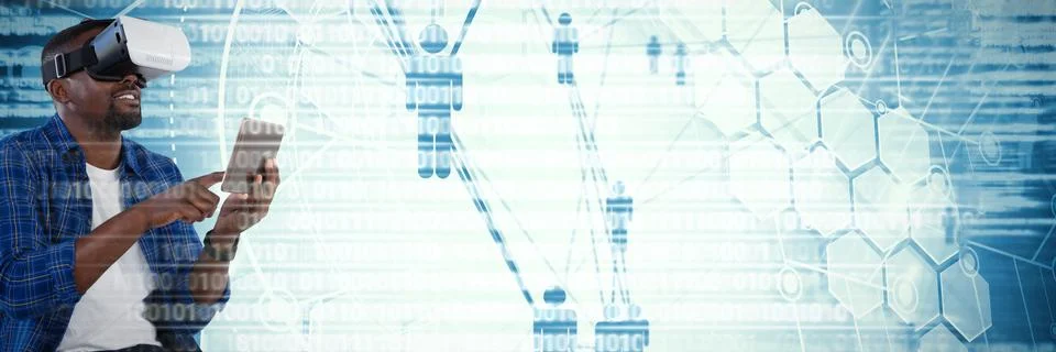 Composite image of man using virtual reality headset and digital tablet Foto stock