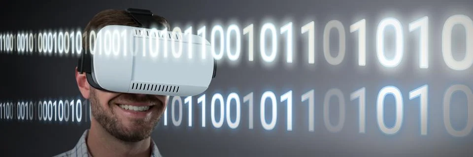 Composite image of man using virtual reality headset 스톡 사진