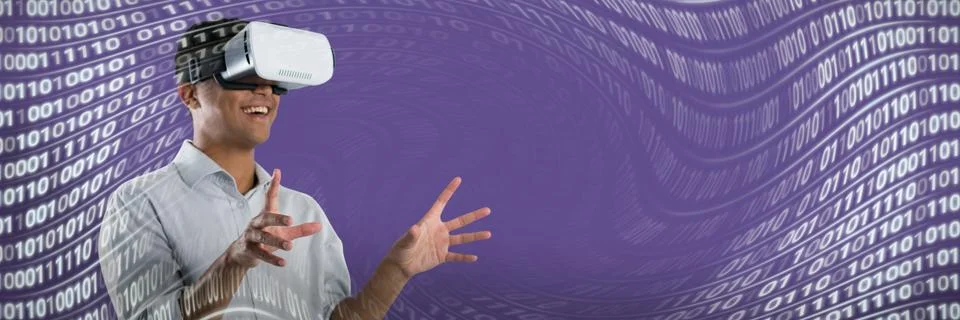 Composite image of man using virtual reality headset Stockfoto's