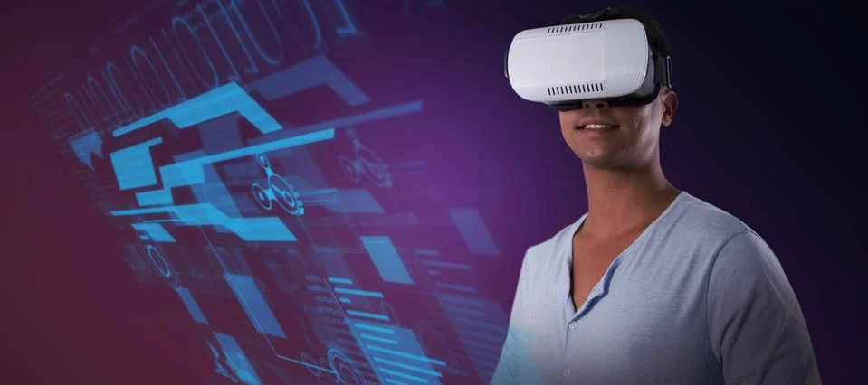 Composite image of man using virtual reality headset 스톡 사진