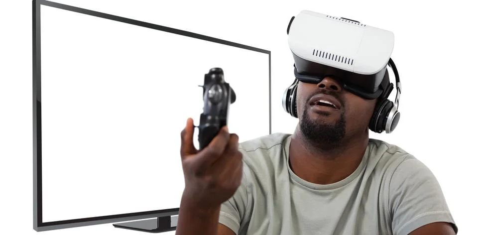 Composite image of man using virtual reality headset and playing video game 스톡 사진