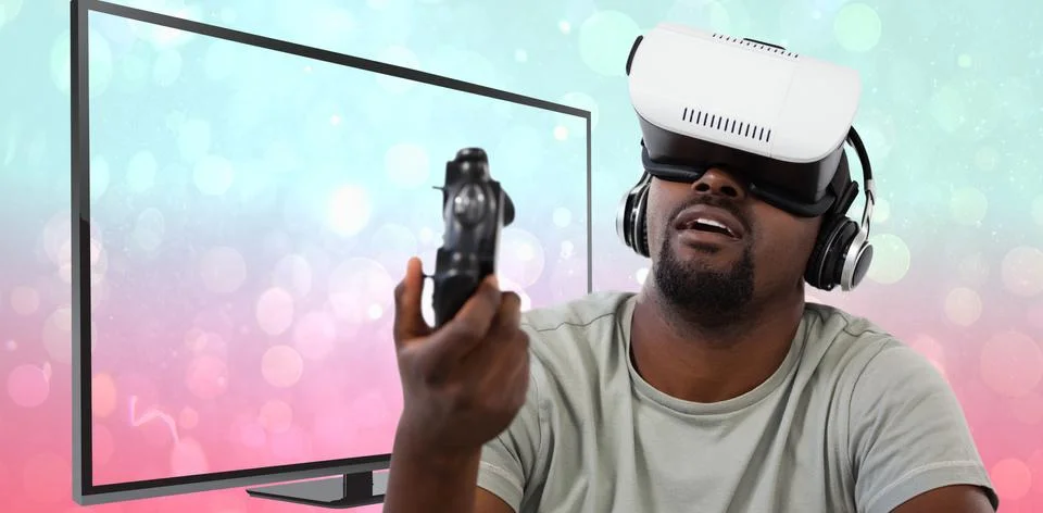 Composite image of man using virtual reality headset and playing video game Stock Photos