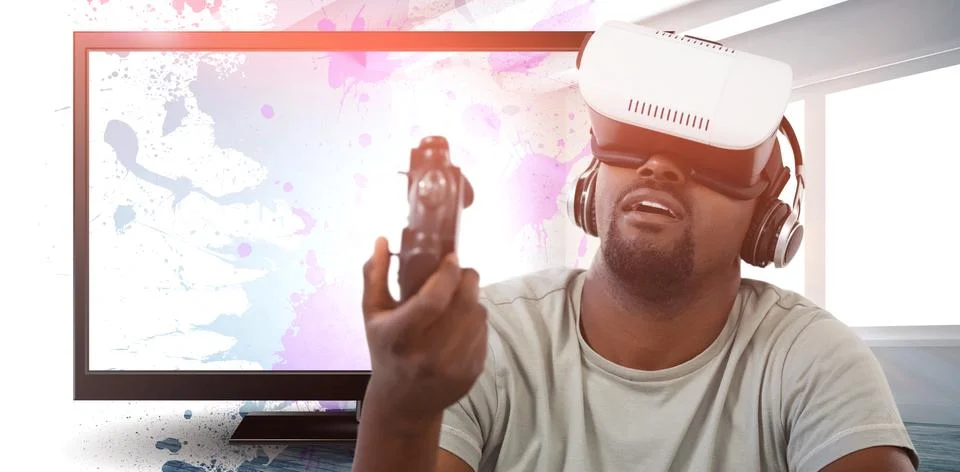 Composite image of man using virtual reality headset and playing video game Stock Photos