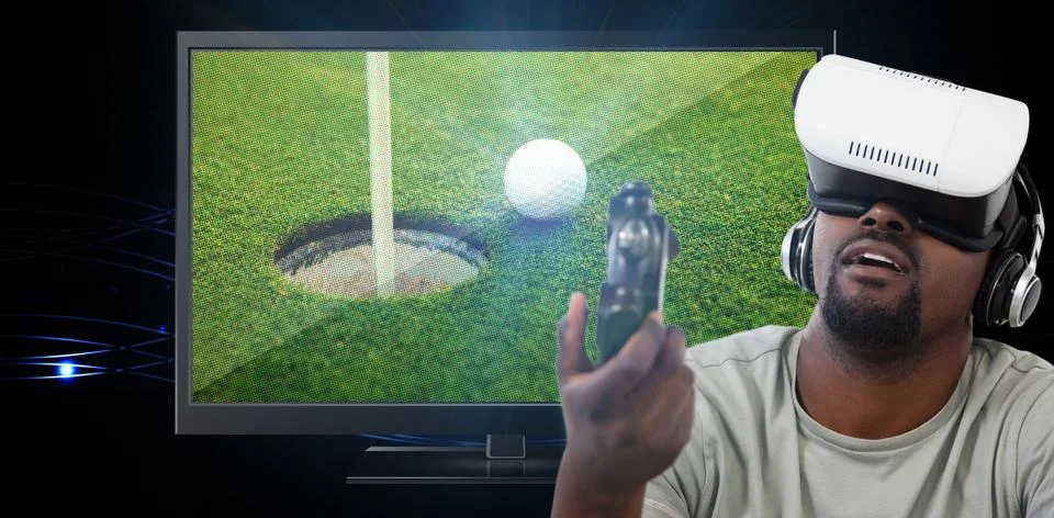 Composite image of man using virtual reality headset and playing video game Stock Photos