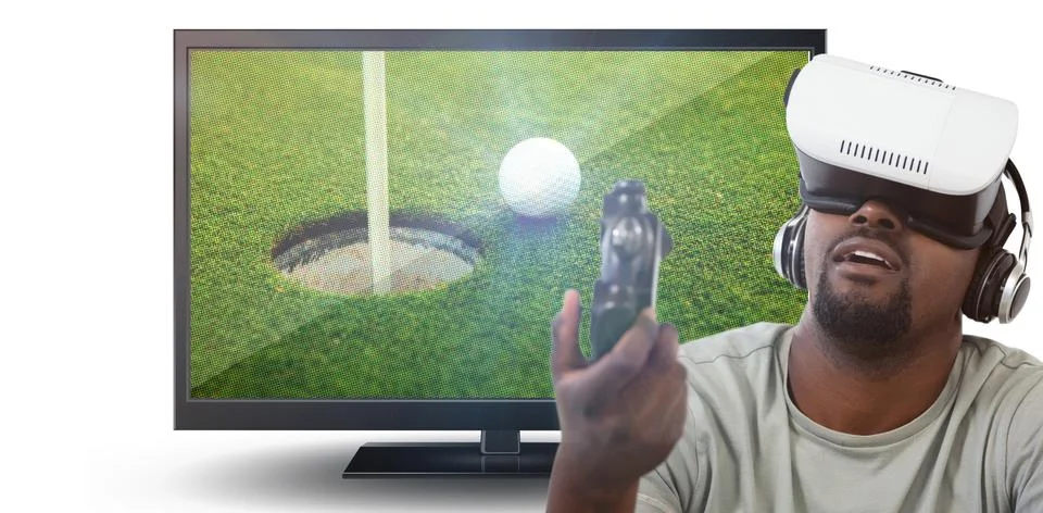 Composite image of man using virtual reality headset and playing video game 스톡 사진