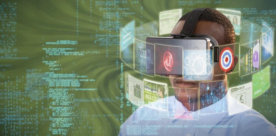 Composite image of man with virtual reality headset 3d Stock Photos