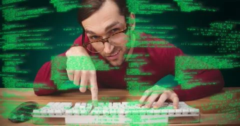 Composite image of man wearing eye glasses pointing on computer keyboard Stock Photos