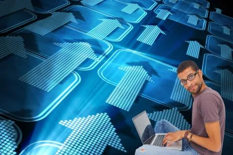 Composite image of man wearing glasses sitting on floor using laptop and looking Illustrazione stock