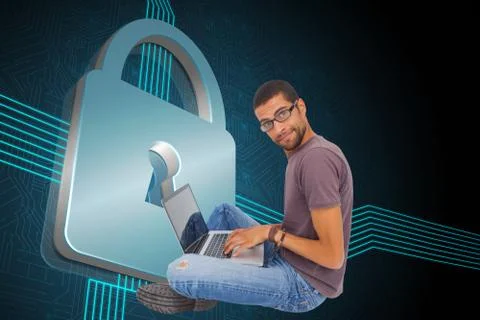 Composite image of man wearing glasses sitting on floor using laptop and looking Illustrazione stock