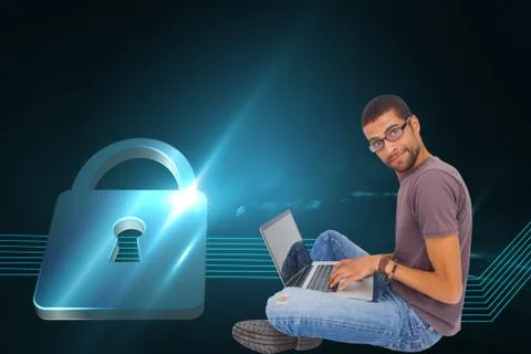 Composite image of man wearing glasses sitting on floor using laptop and looking Stock Illustration