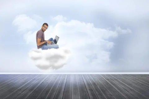 Composite image of man wearing glasses sitting on cloud  using laptop and Stock Illustration