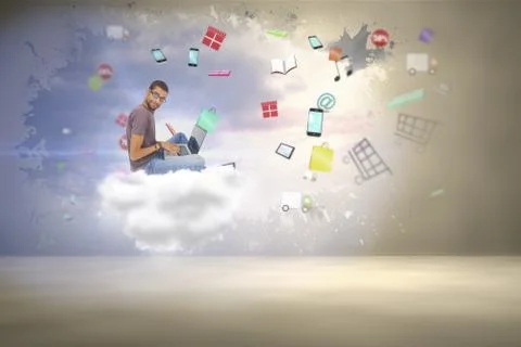 Composite image of man wearing glasses sitting on floor using laptop and looking Stock Illustration