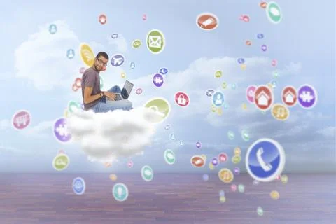Composite image of man wearing glasses sitting using laptop and looking at Illustrazione stock