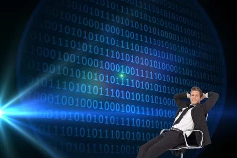 Composite image of manager relaxing in office with team in background Illustrazione stock