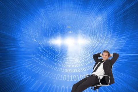 Composite image of manager relaxing in office with team in background Stock Illustration