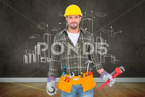 Composite image of manual worker holding various tools Stock Photos
