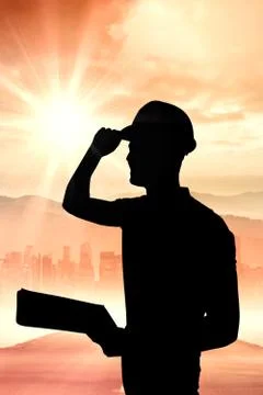 Composite image of manual worker wearing hardhat while holding clipboard Stock Illustration