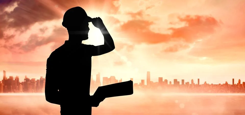 Composite image of manual worker wearing hardhat while holding clipboard Stock Illustration