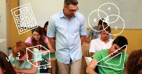 Composite image of math concept icons against portrait of caucasian male teacher Stock Photos