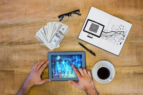 Composite image of maze on computer screen with arrows doodle 스톡 일러스트