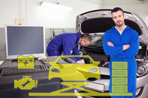 Composite image of mechanic standing arms crossed on white background Stock Illustration