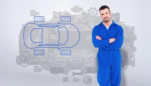 Composite image of mechanic standing arms crossed on white background Stock Illustration