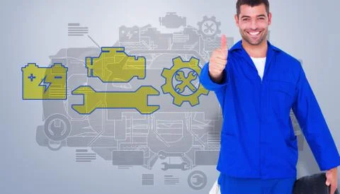 Composite image of mechanic with tire gesturing thumbs up Stock Illustration