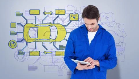 Composite image of mechanic using digital tablet over white background イラスト素材