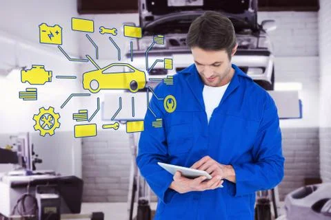 Composite image of mechanic using digital tablet over white background イラスト素材