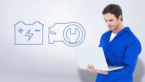 Composite image of mechanic using laptop over white background 库存插图