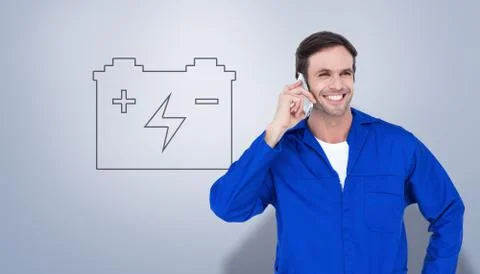 Composite image of mechanic using mobile phone over white background 스톡 일러스트