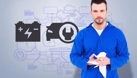 Composite image of mechanic wiping hands with cloth Stock Illustration
