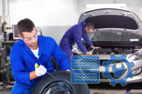 Composite image of mechanic working on tire over white background Stock Illustration