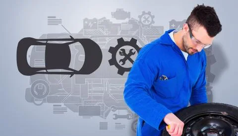 Composite image of mechanic working on tire Stock Illustration