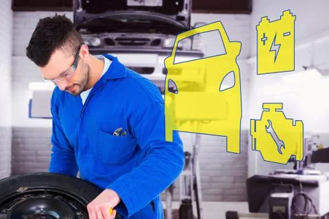 Composite image of mechanic working on tire Stock Illustration