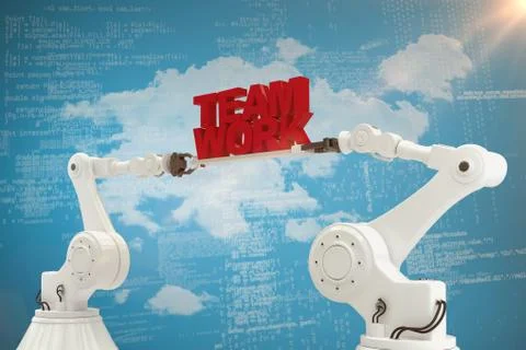 Composite image of mechanical hands holding team work message on blue background Stock Photos