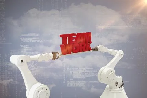 Composite image of mechanical hands holding red team work message over grey Foto stock