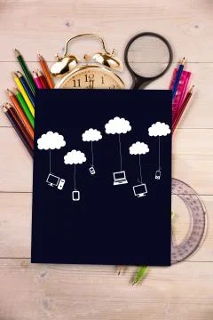 Composite image of media devices hanging from clouds Illustrazione stock