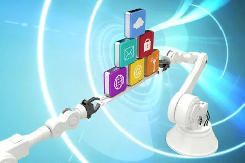 Composite image of metallic robotic hands holding computer icons over blue Stock Photos